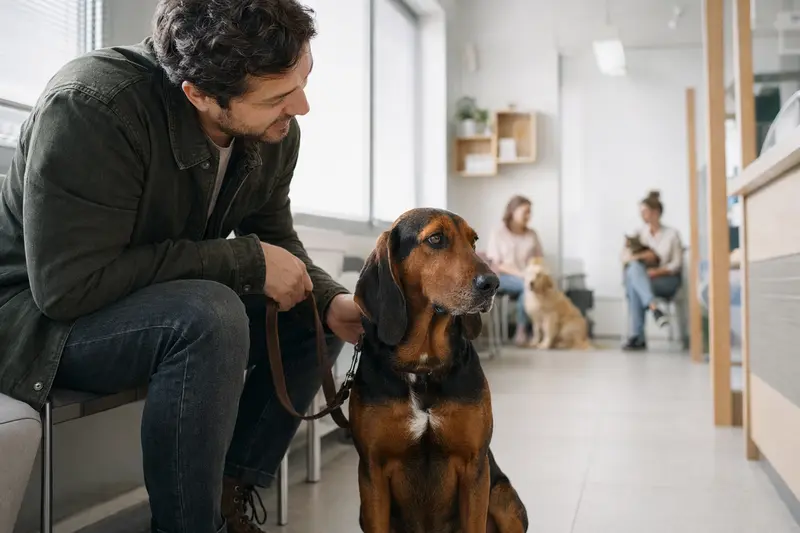 Ein Bosnischer Laufhund sitzt ruhig neben seinem Besitzer im hellen Wartezimmer einer modernen Tierarztpraxis.